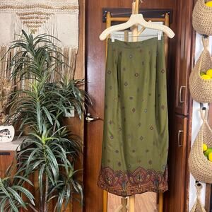 Vintage 90s First Issue Skirt 6 | Green Paisley Wrap Midi Boho Y2K Whimsigoth